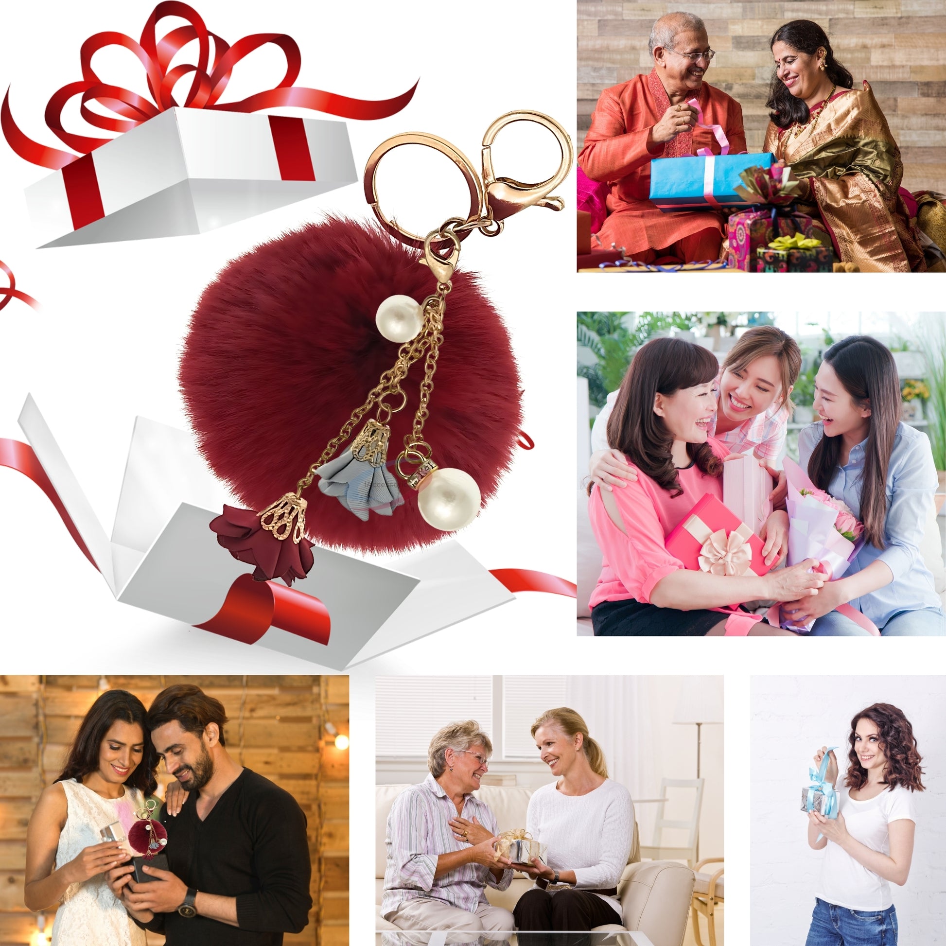 iAccessories Rose Pearl Pom Pom Keychain - Wine Red - iAccessories