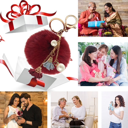 iAccessories Rose Pearl Pom Pom Keychain - Wine Red - iAccessories
