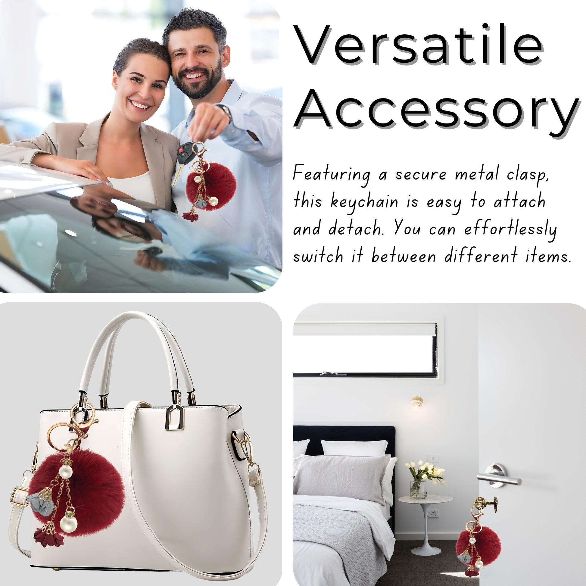 iAccessories Rose Pearl Pom Pom Keychain - Wine Red - iAccessories
