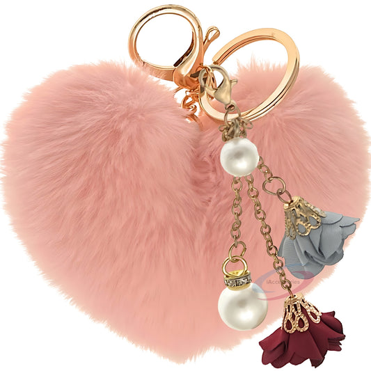 iAccessories Fluffy Faux Fur Pearl Roses Pom Pom Heart Keychain Charm for Girls Bags, Cars, Bikes, Scooty, Home Keys - Baby Pink