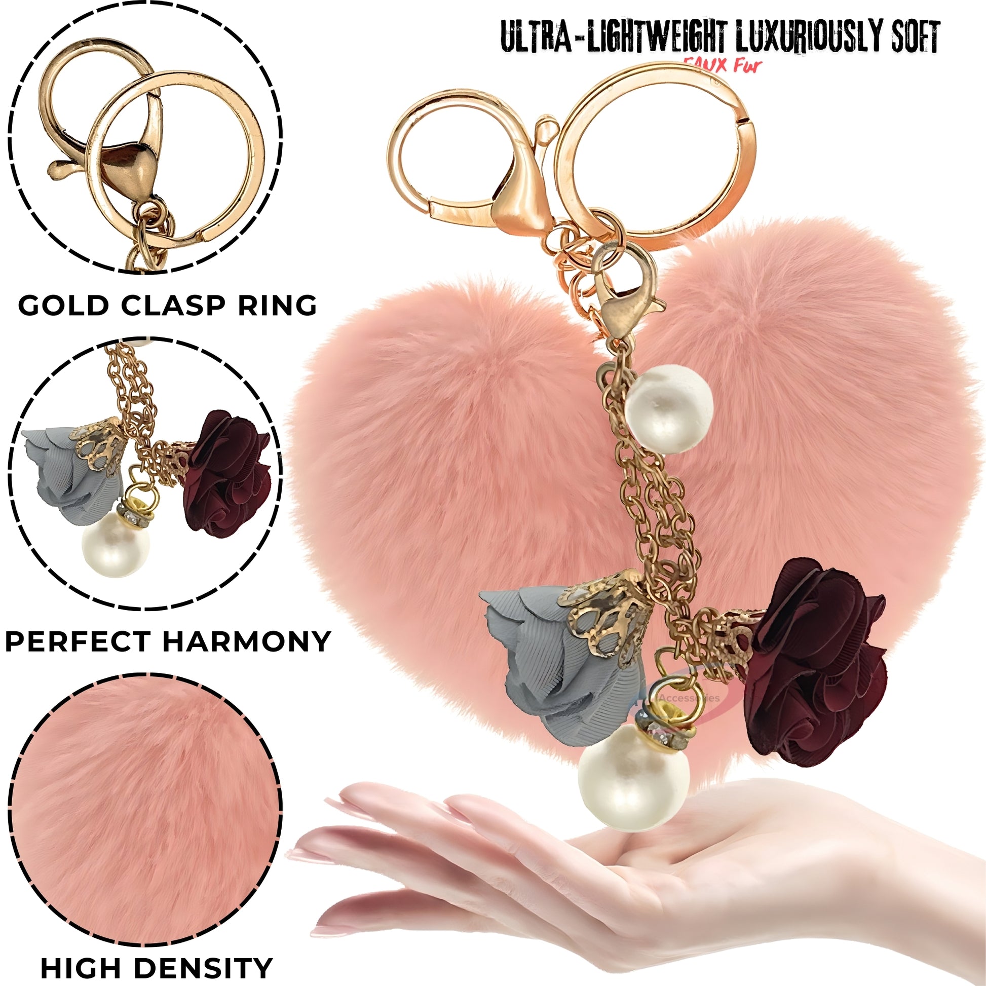 iAccessories Fluffy Faux Fur Pearl Roses Pom Pom Heart Keychain Charm for Girls Bags, Cars, Bikes, Scooty, Home Keys - Baby Pink - iAccessories