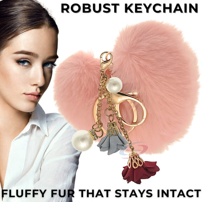 iAccessories Fluffy Faux Fur Pearl Roses Pom Pom Heart Keychain Charm for Girls Bags, Cars, Bikes, Scooty, Home Keys - Baby Pink - iAccessories