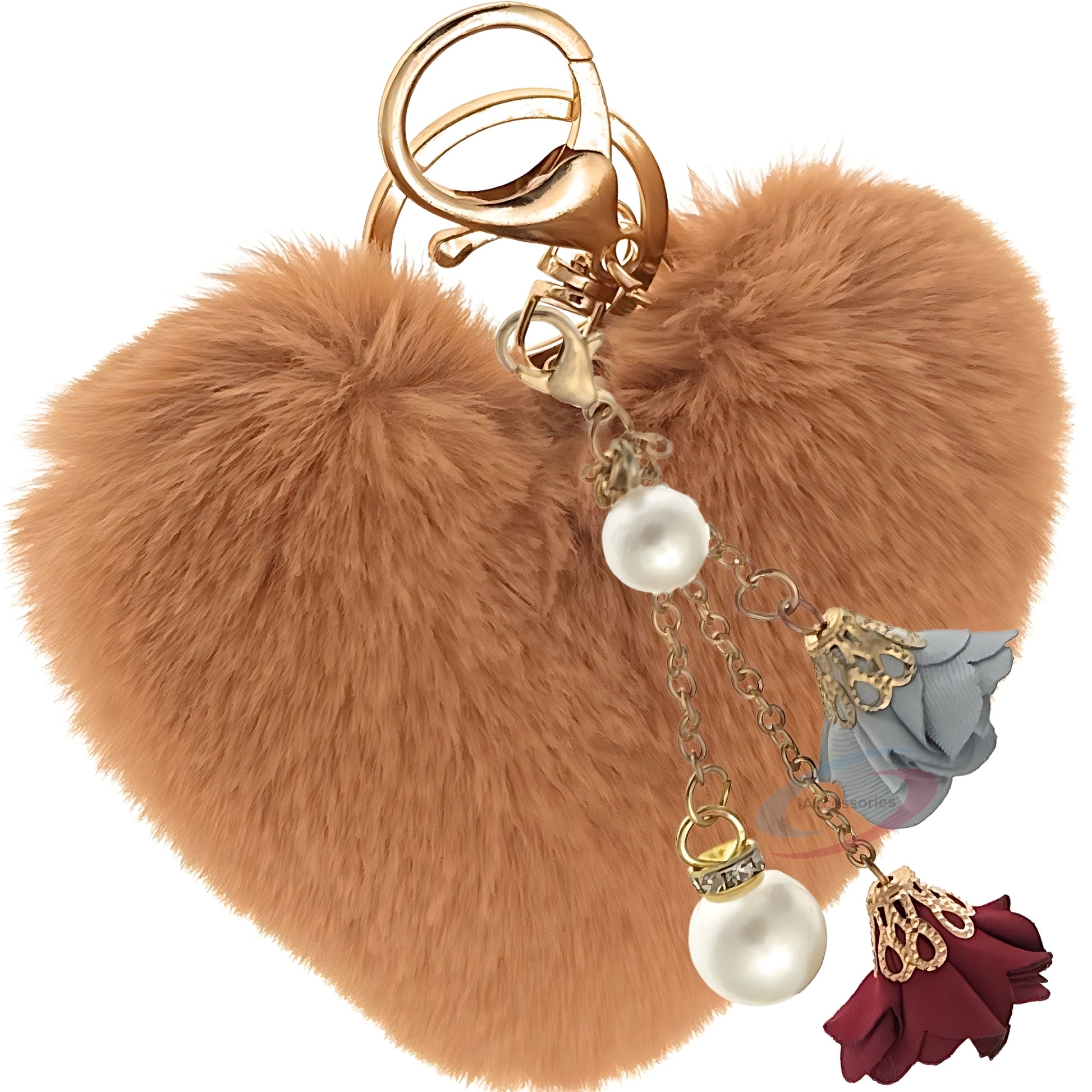 iAccessories Fluffy Faux Fur Pearl Roses Pom Pom Heart Keychain Charm for Girls Bags, Cars, Bikes, Scooty, Home Keys - Brown - iAccessories