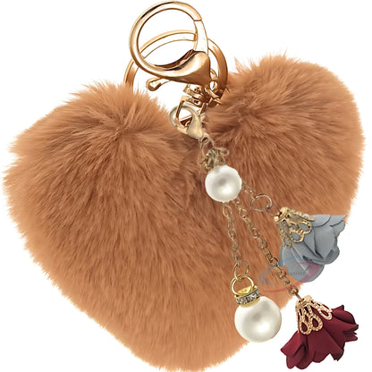 iAccessories Fluffy Faux Fur Pearl Roses Pom Pom Heart Keychain Charm for Girls Bags, Cars, Bikes, Scooty, Home Keys - Brown - iAccessories