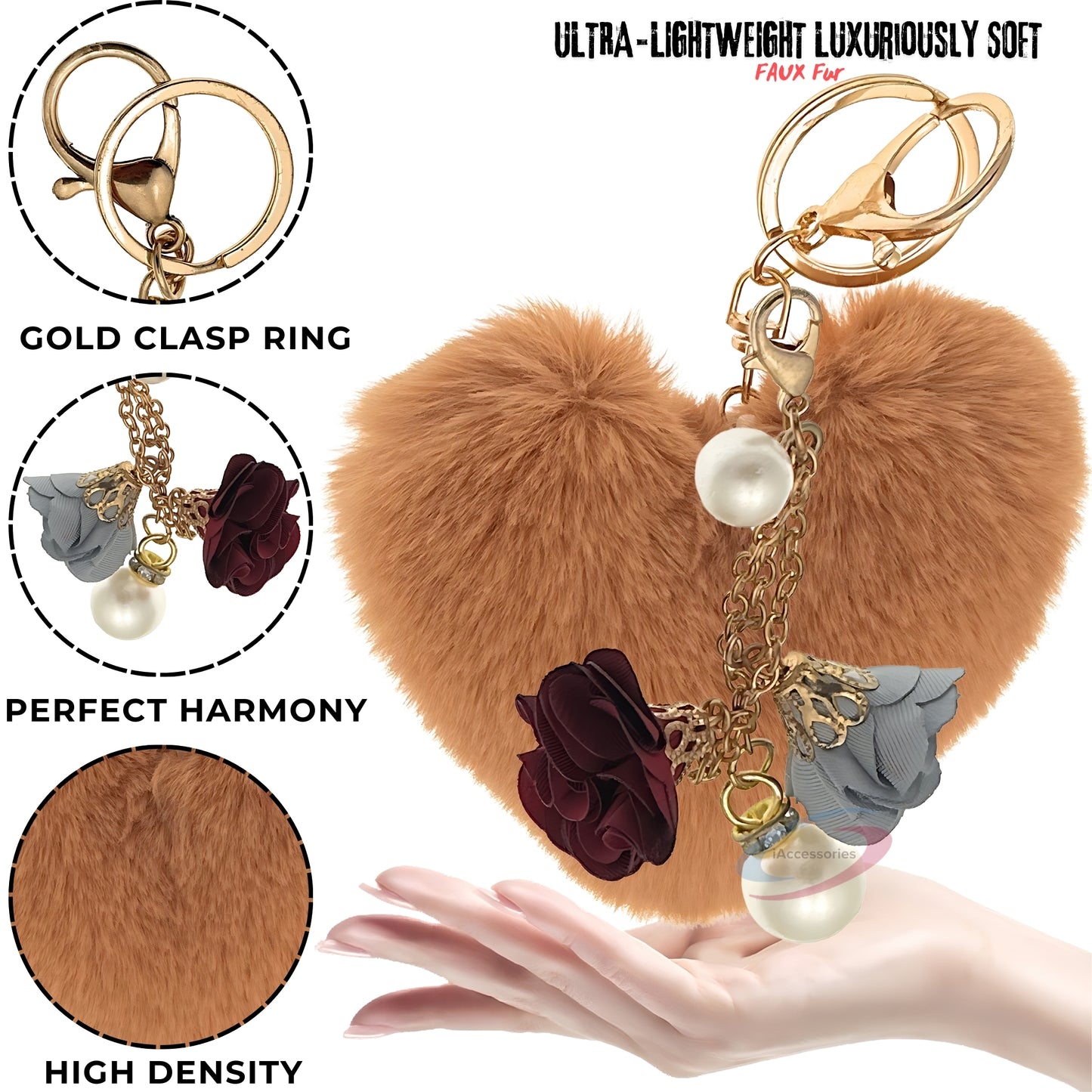 iAccessories Fluffy Faux Fur Pearl Roses Pom Pom Heart Keychain Charm for Girls Bags, Cars, Bikes, Scooty, Home Keys - Brown - iAccessories