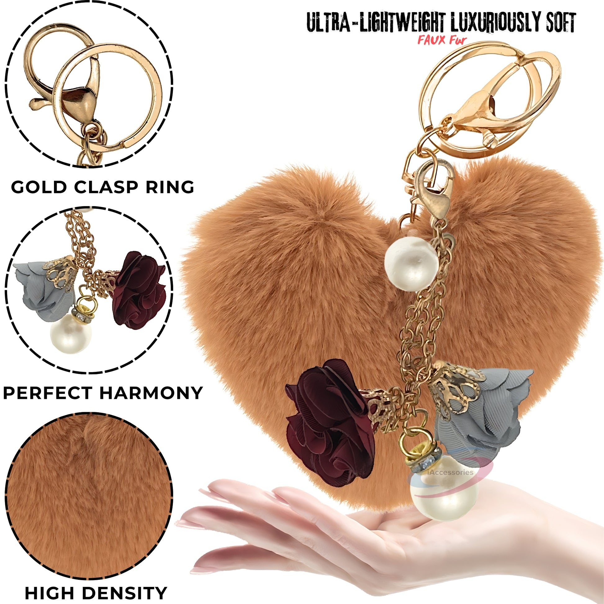 iAccessories Fluffy Faux Fur Pearl Roses Pom Pom Heart Keychain Charm for Girls Bags, Cars, Bikes, Scooty, Home Keys - Brown - iAccessories