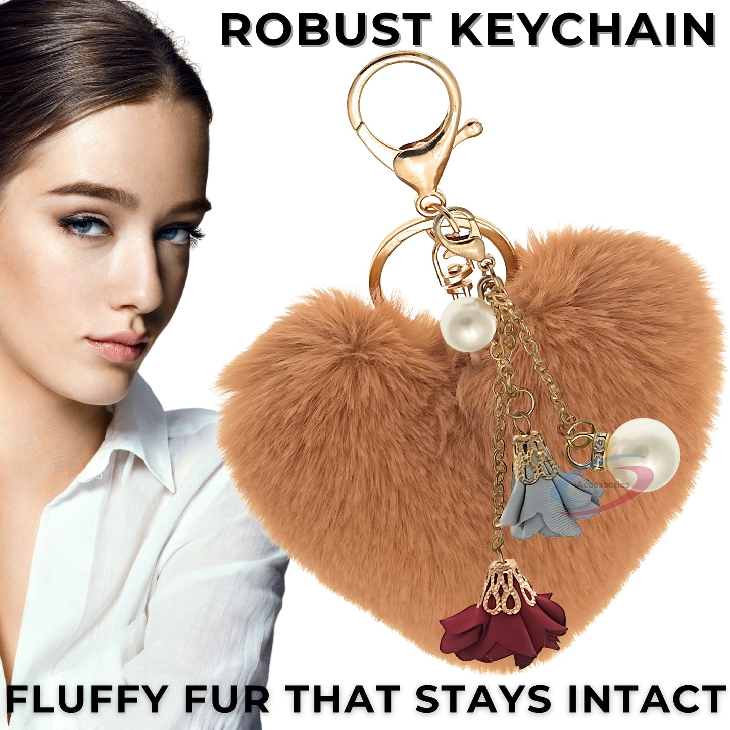 iAccessories Fluffy Faux Fur Pearl Roses Pom Pom Heart Keychain Charm for Girls Bags, Cars, Bikes, Scooty, Home Keys - Brown - iAccessories