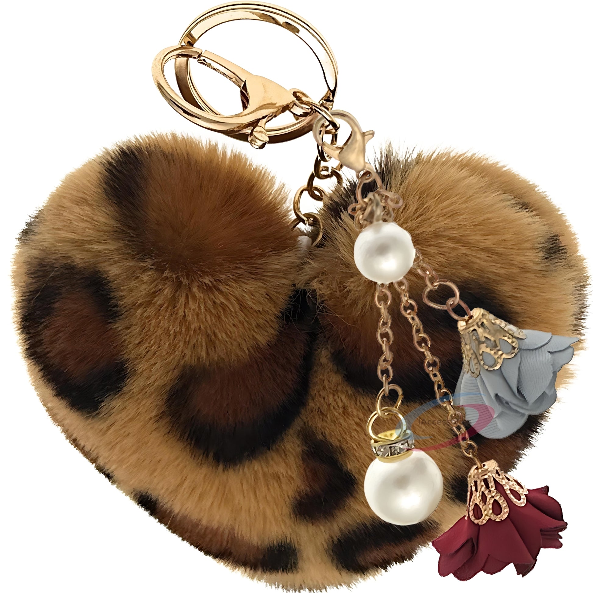 iAccessories Fluffy Faux Fur Pearl Roses Pom Pom Heart Keychain Charm for Girls Bags, Cars, Bikes, Scooty, Home Keys - Brown Lepo - iAccessories