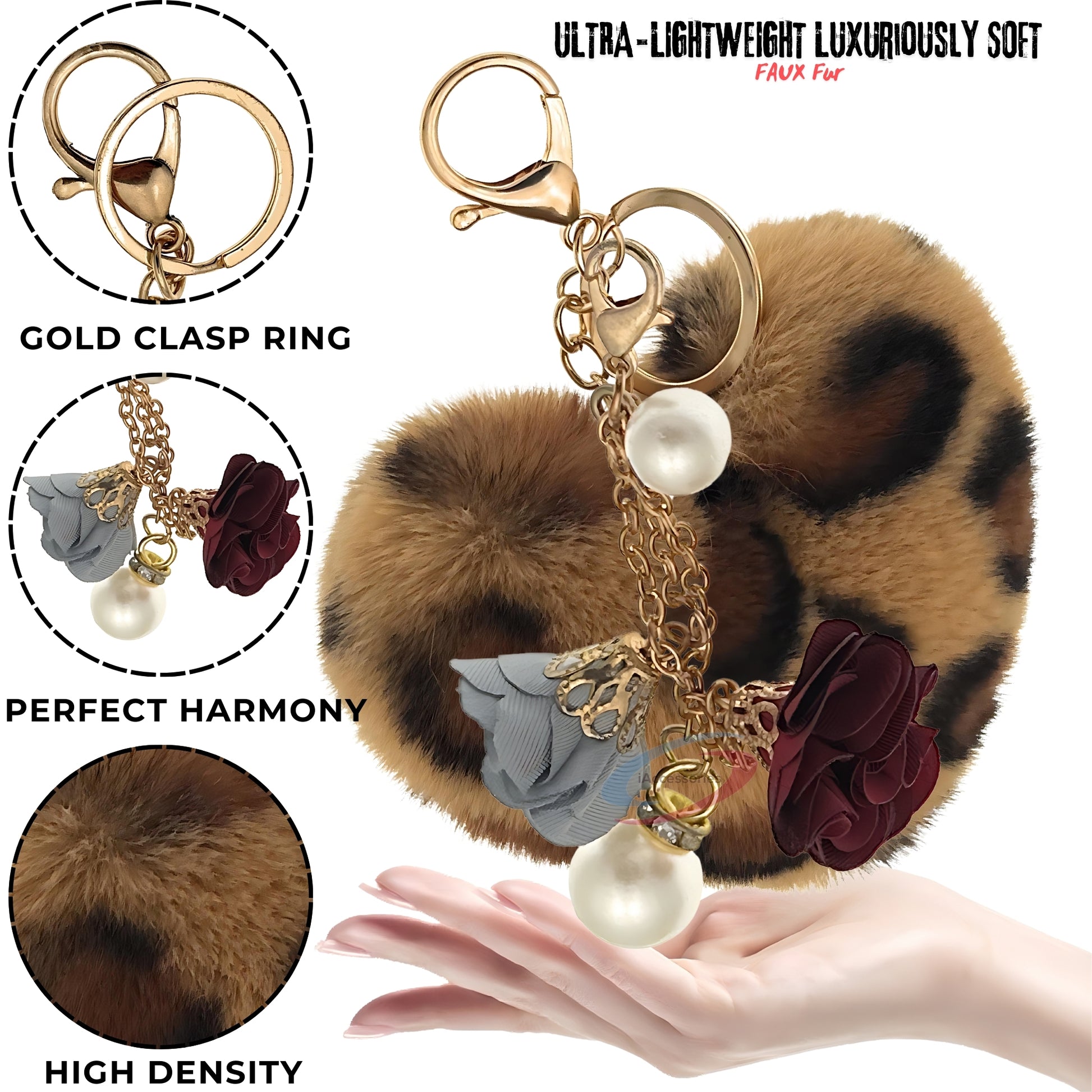 iAccessories Fluffy Faux Fur Pearl Roses Pom Pom Heart Keychain Charm for Girls Bags, Cars, Bikes, Scooty, Home Keys - Brown Lepo - iAccessories
