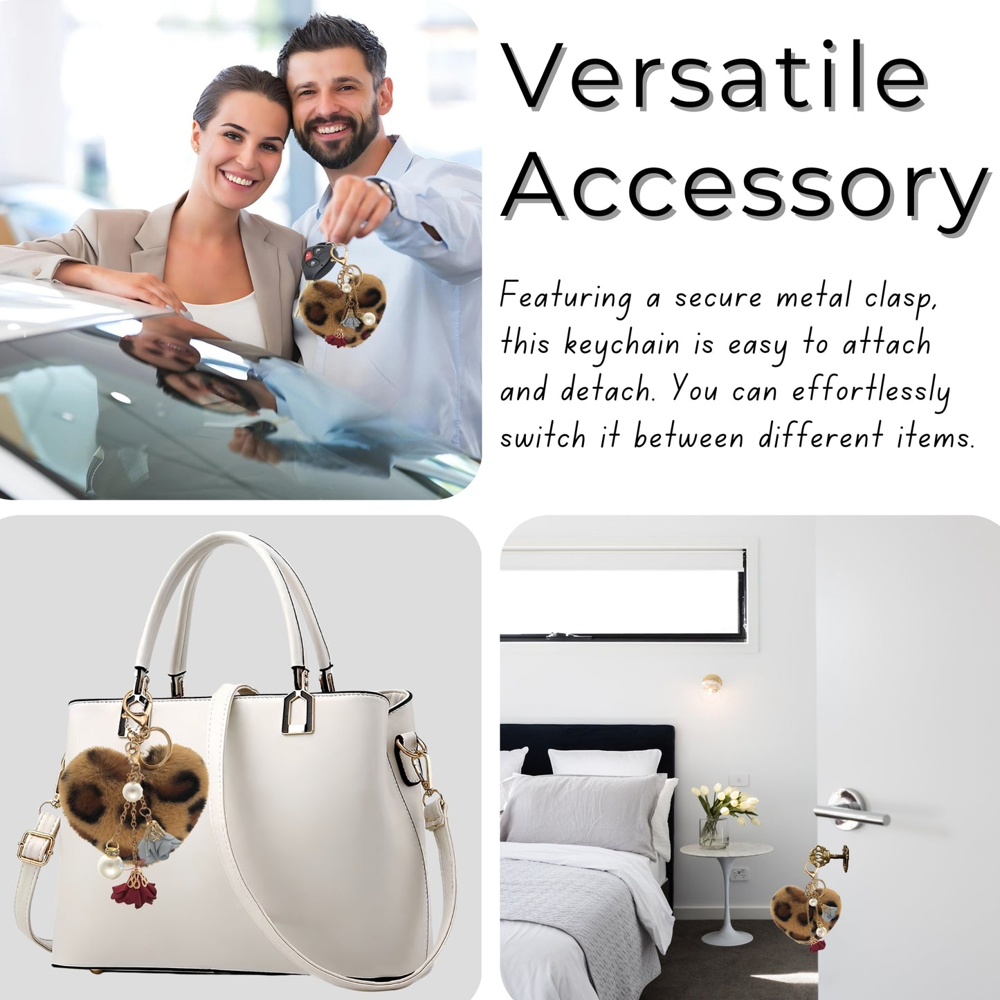 iAccessories Fluffy Faux Fur Pearl Roses Pom Pom Heart Keychain Charm for Girls Bags, Cars, Bikes, Scooty, Home Keys - Brown Lepo - iAccessories