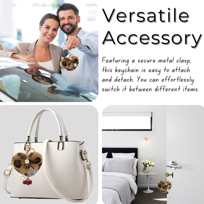 iAccessories Fluffy Faux Fur Pearl Roses Pom Pom Heart Keychain Charm for Girls Bags, Cars, Bikes, Scooty, Home Keys - Brown Lepo - iAccessories