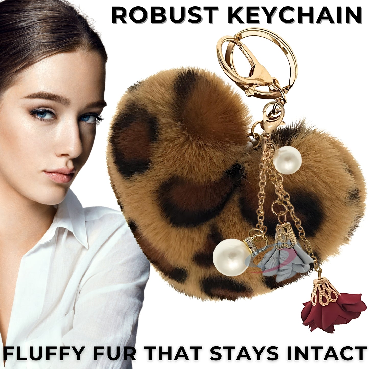 iAccessories Fluffy Faux Fur Pearl Roses Pom Pom Heart Keychain Charm for Girls Bags, Cars, Bikes, Scooty, Home Keys - Brown Lepo - iAccessories