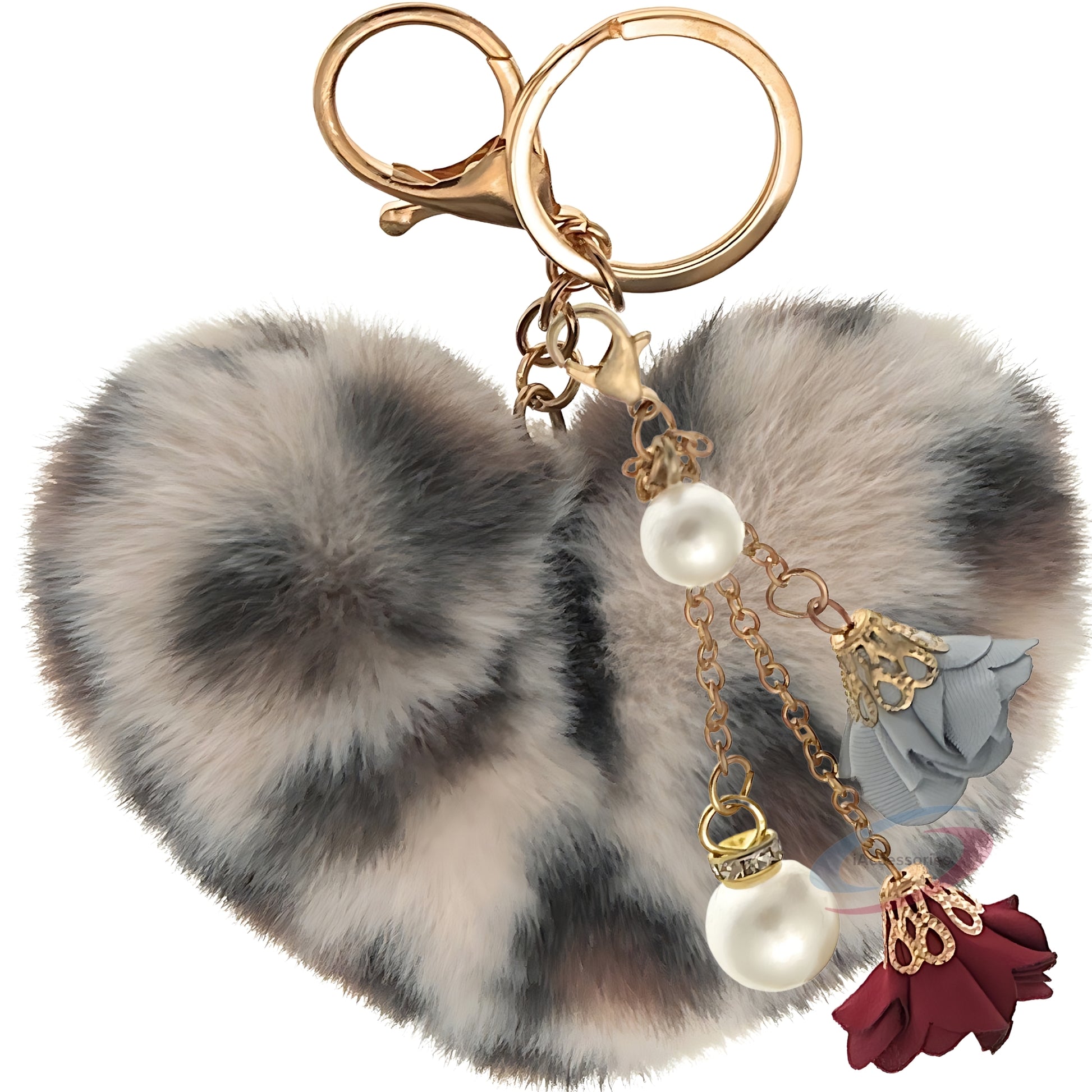 iAccessories Fluffy Faux Fur Pearl Roses Pom Pom Heart Keychain Charm for Girls Bags, Cars, Bikes, Scooty, Home Keys - Cream Lepo - iAccessories
