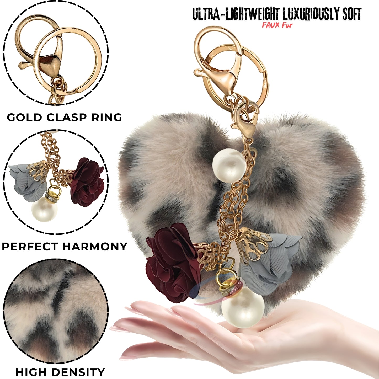 iAccessories Fluffy Faux Fur Pearl Roses Pom Pom Heart Keychain Charm for Girls Bags, Cars, Bikes, Scooty, Home Keys - Cream Lepo - iAccessories