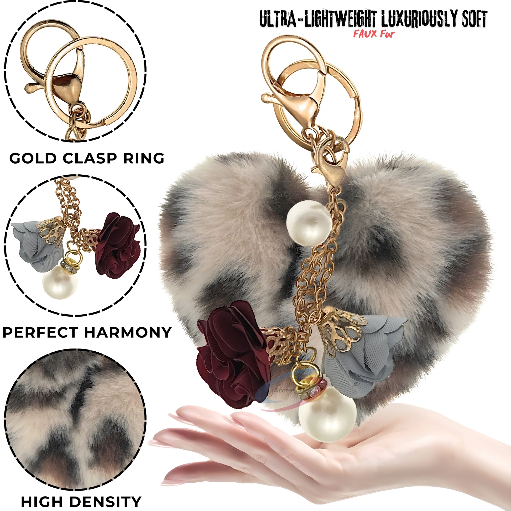 iAccessories Fluffy Faux Fur Pearl Roses Pom Pom Heart Keychain Charm for Girls Bags, Cars, Bikes, Scooty, Home Keys - Cream Lepo - iAccessories