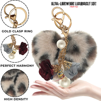 iAccessories Fluffy Faux Fur Pearl Roses Pom Pom Heart Keychain Charm for Girls Bags, Cars, Bikes, Scooty, Home Keys - Cream Lepo - iAccessories