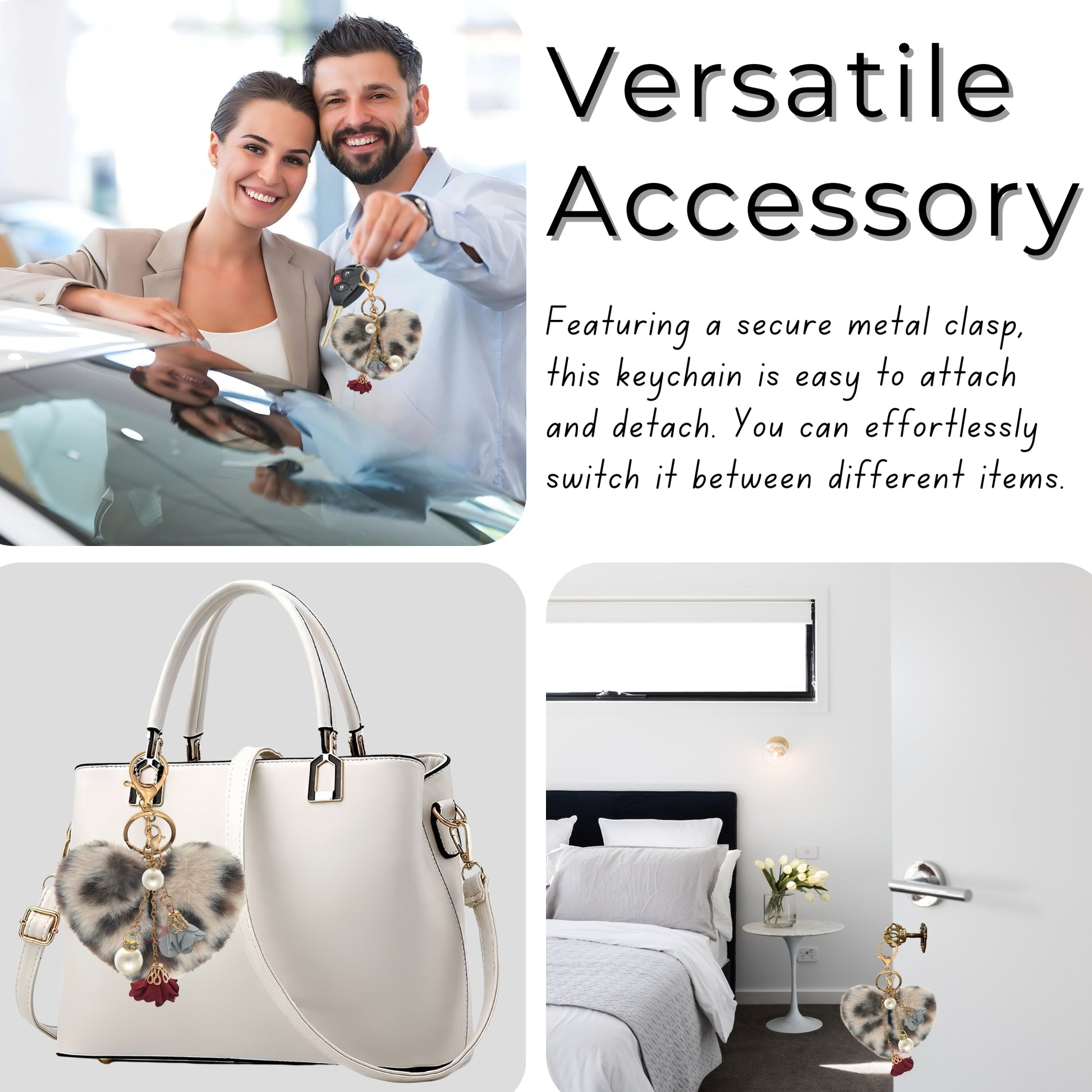iAccessories Fluffy Faux Fur Pearl Roses Pom Pom Heart Keychain Charm for Girls Bags, Cars, Bikes, Scooty, Home Keys - Cream Lepo - iAccessories