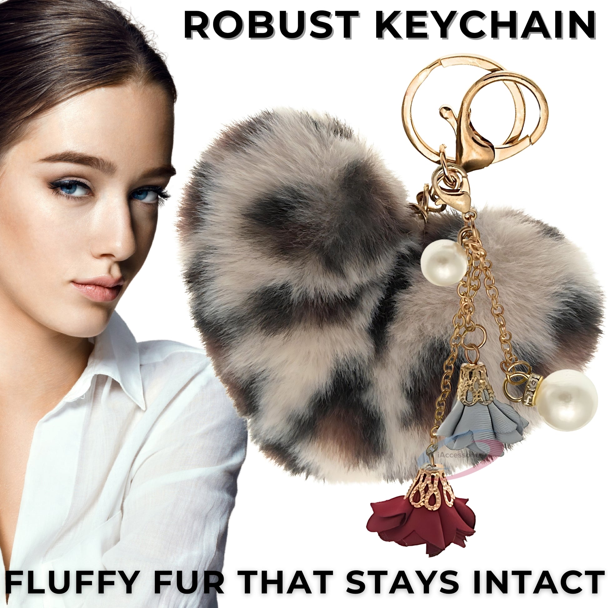 iAccessories Fluffy Faux Fur Pearl Roses Pom Pom Heart Keychain Charm for Girls Bags, Cars, Bikes, Scooty, Home Keys - Cream Lepo - iAccessories