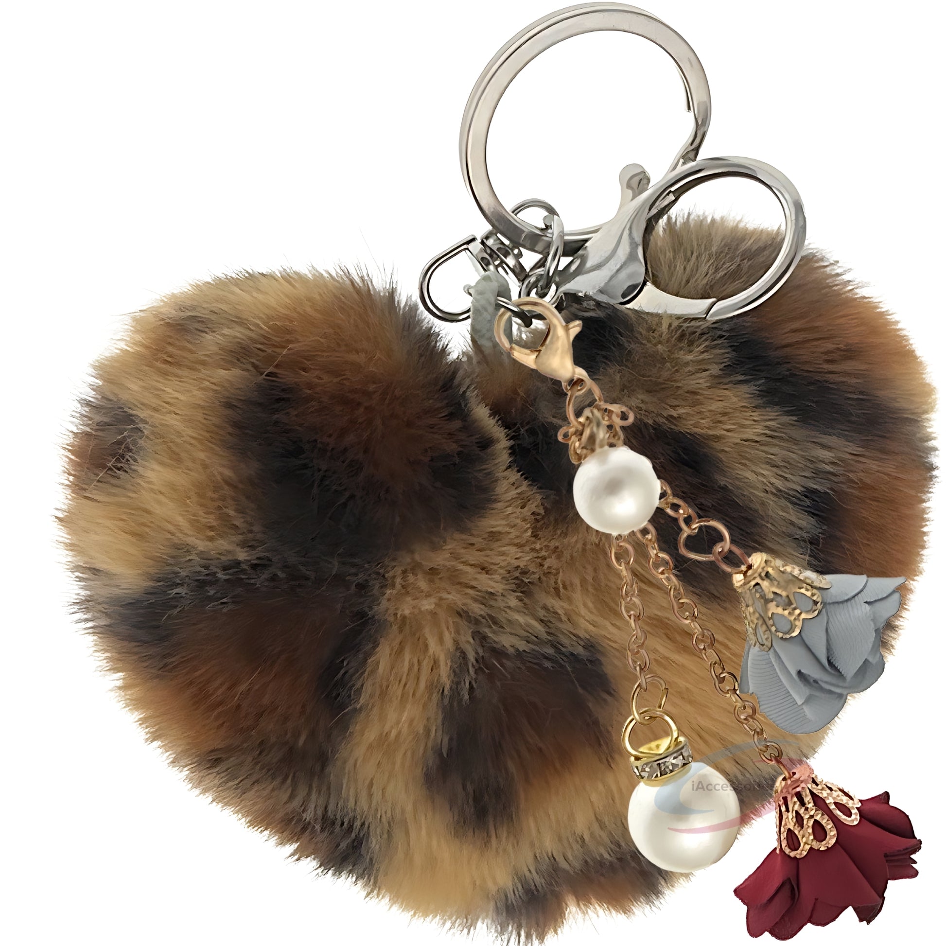 iAccessories Fluffy Faux Fur Pearl Roses Pom Pom Heart Keychain Charm for Girls Bags, Cars, Bikes, Scooty, Home Keys - Dark Brown Lepo - iAccessories