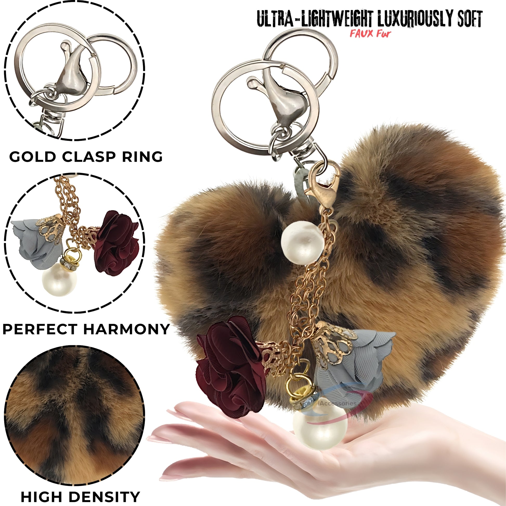 iAccessories Fluffy Faux Fur Pearl Roses Pom Pom Heart Keychain Charm for Girls Bags, Cars, Bikes, Scooty, Home Keys - Dark Brown Lepo - iAccessories