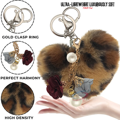 iAccessories Fluffy Faux Fur Pearl Roses Pom Pom Heart Keychain Charm for Girls Bags, Cars, Bikes, Scooty, Home Keys - Dark Brown Lepo - iAccessories