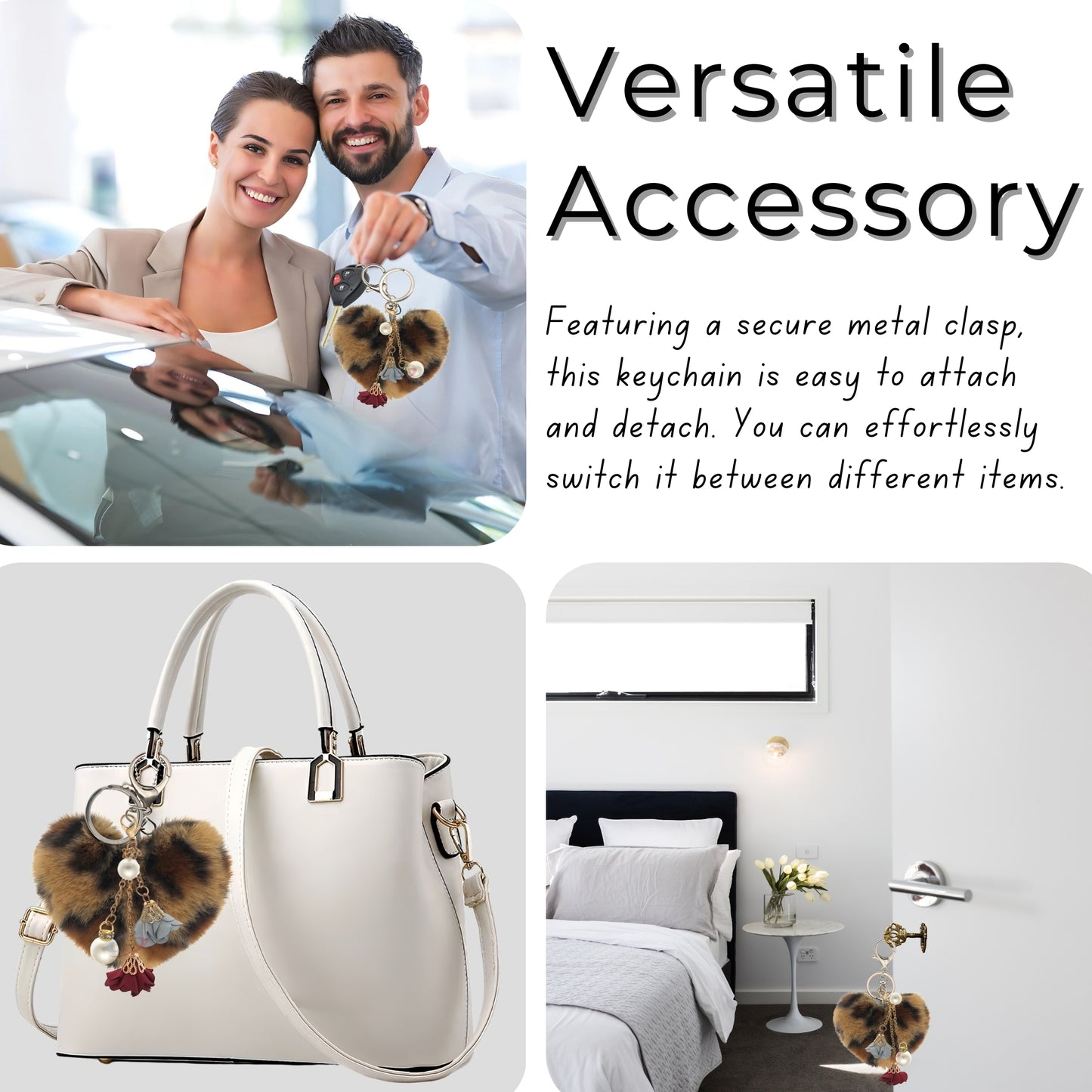 iAccessories Fluffy Faux Fur Pearl Roses Pom Pom Heart Keychain Charm for Girls Bags, Cars, Bikes, Scooty, Home Keys - Dark Brown Lepo - iAccessories