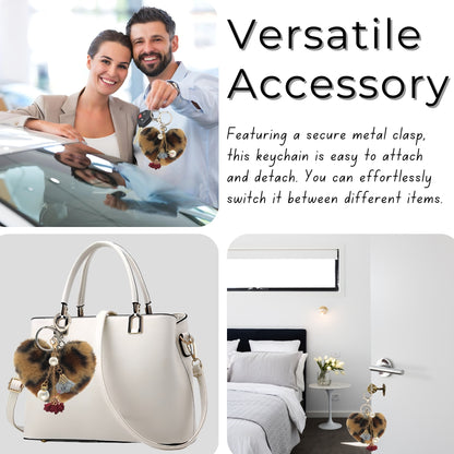 iAccessories Fluffy Faux Fur Pearl Roses Pom Pom Heart Keychain Charm for Girls Bags, Cars, Bikes, Scooty, Home Keys - Dark Brown Lepo - iAccessories