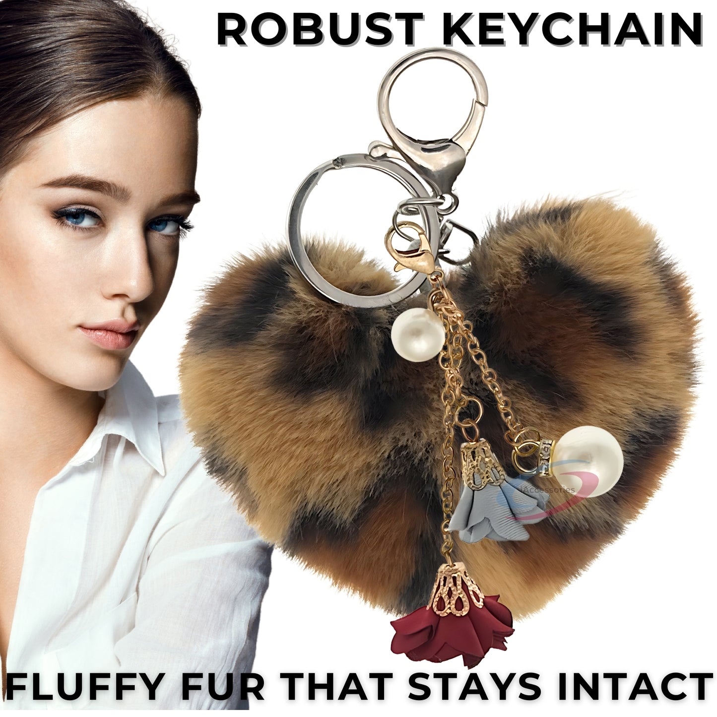 iAccessories Fluffy Faux Fur Pearl Roses Pom Pom Heart Keychain Charm for Girls Bags, Cars, Bikes, Scooty, Home Keys - Dark Brown Lepo - iAccessories