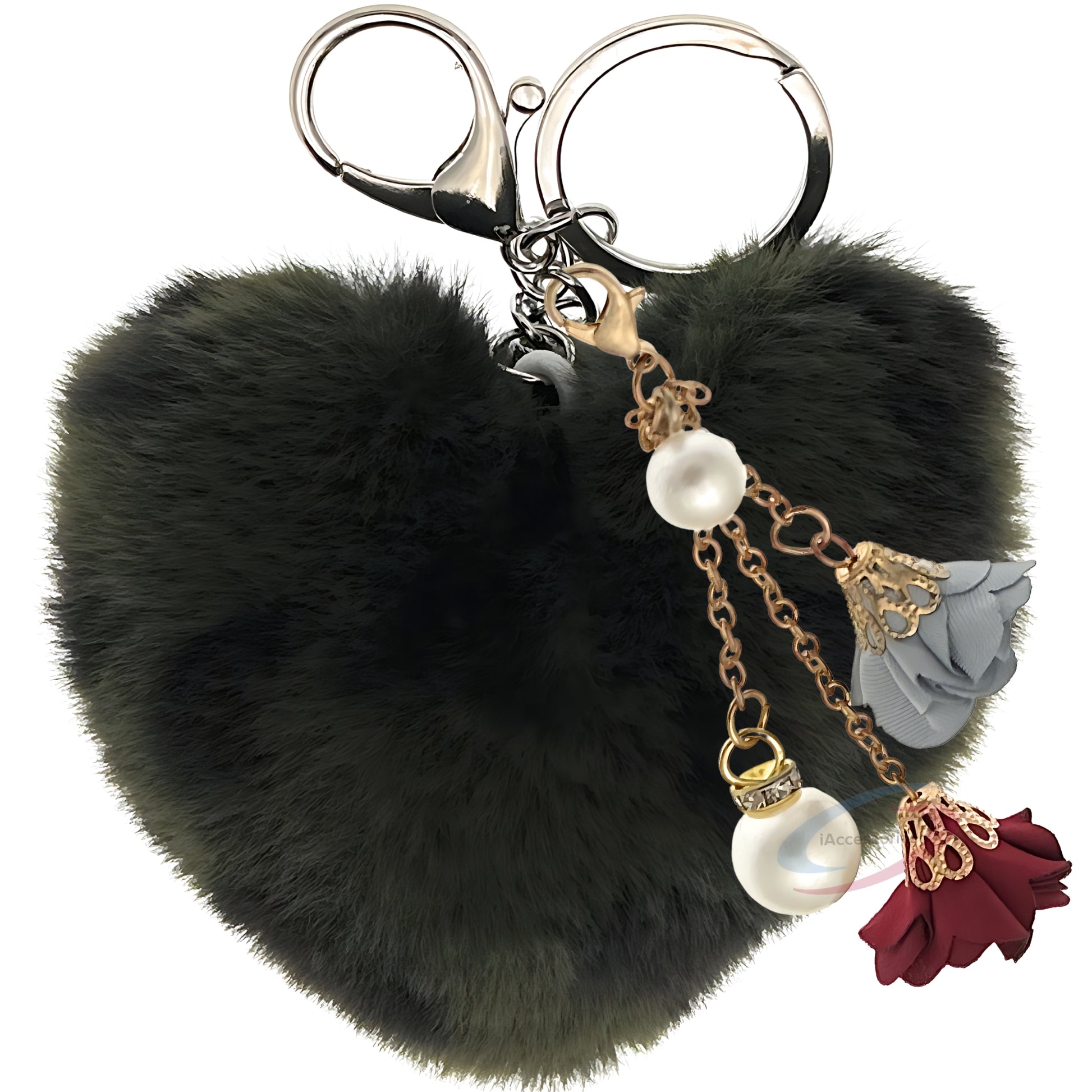 iAccessories Fluffy Faux Fur Pearl Roses Pom Pom Heart Keychain Charm for Girls Bags, Cars, Bikes, Scooty, Home Keys - Dark Green Lepo - iAccessories