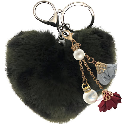 iAccessories Fluffy Faux Fur Pearl Roses Pom Pom Heart Keychain Charm for Girls Bags, Cars, Bikes, Scooty, Home Keys - Dark Green Lepo - iAccessories
