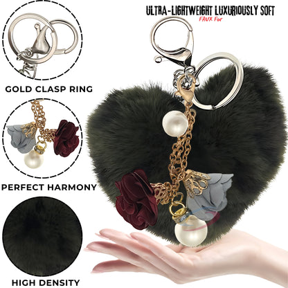 iAccessories Fluffy Faux Fur Pearl Roses Pom Pom Heart Keychain Charm for Girls Bags, Cars, Bikes, Scooty, Home Keys - Dark Green Lepo - iAccessories