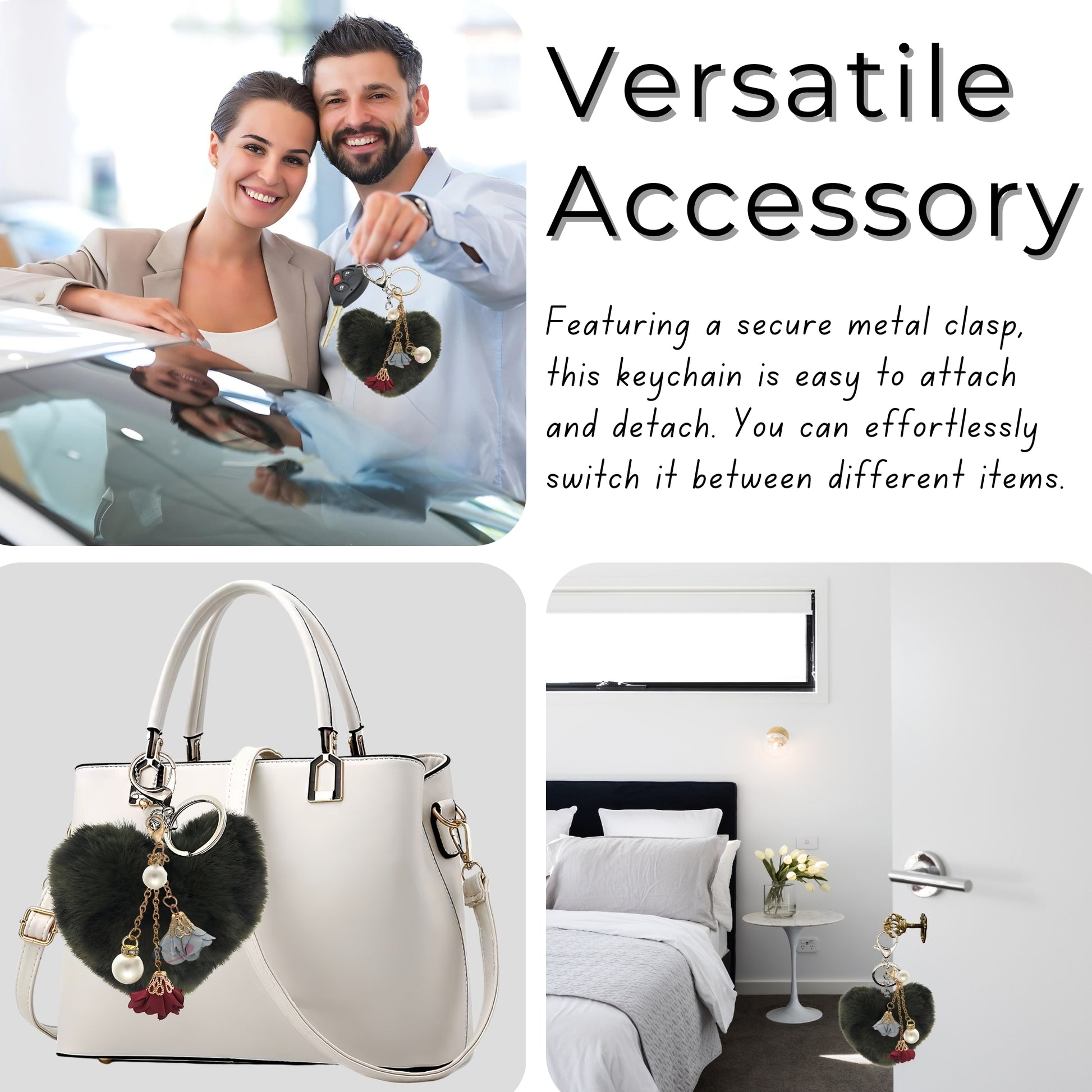 iAccessories Fluffy Faux Fur Pearl Roses Pom Pom Heart Keychain Charm for Girls Bags, Cars, Bikes, Scooty, Home Keys - Dark Green Lepo - iAccessories