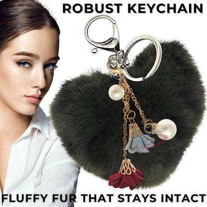 iAccessories Fluffy Faux Fur Pearl Roses Pom Pom Heart Keychain Charm for Girls Bags, Cars, Bikes, Scooty, Home Keys - Dark Green Lepo - iAccessories