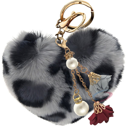 iAccessories Fluffy Faux Fur Pearl Roses Pom Pom Heart Keychain Charm for Girls Bags, Cars, Bikes, Scooty, Home Keys - Grey Lepo - iAccessories