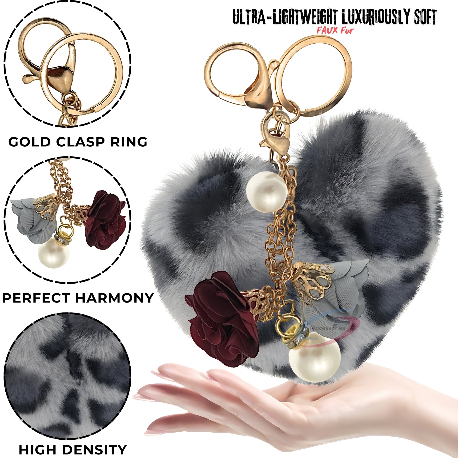 iAccessories Fluffy Faux Fur Pearl Roses Pom Pom Heart Keychain Charm for Girls Bags, Cars, Bikes, Scooty, Home Keys - Grey Lepo - iAccessories