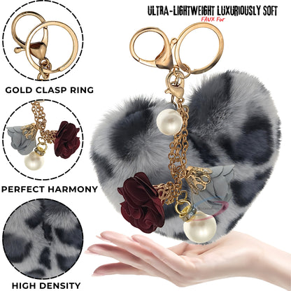 iAccessories Fluffy Faux Fur Pearl Roses Pom Pom Heart Keychain Charm for Girls Bags, Cars, Bikes, Scooty, Home Keys - Grey Lepo - iAccessories
