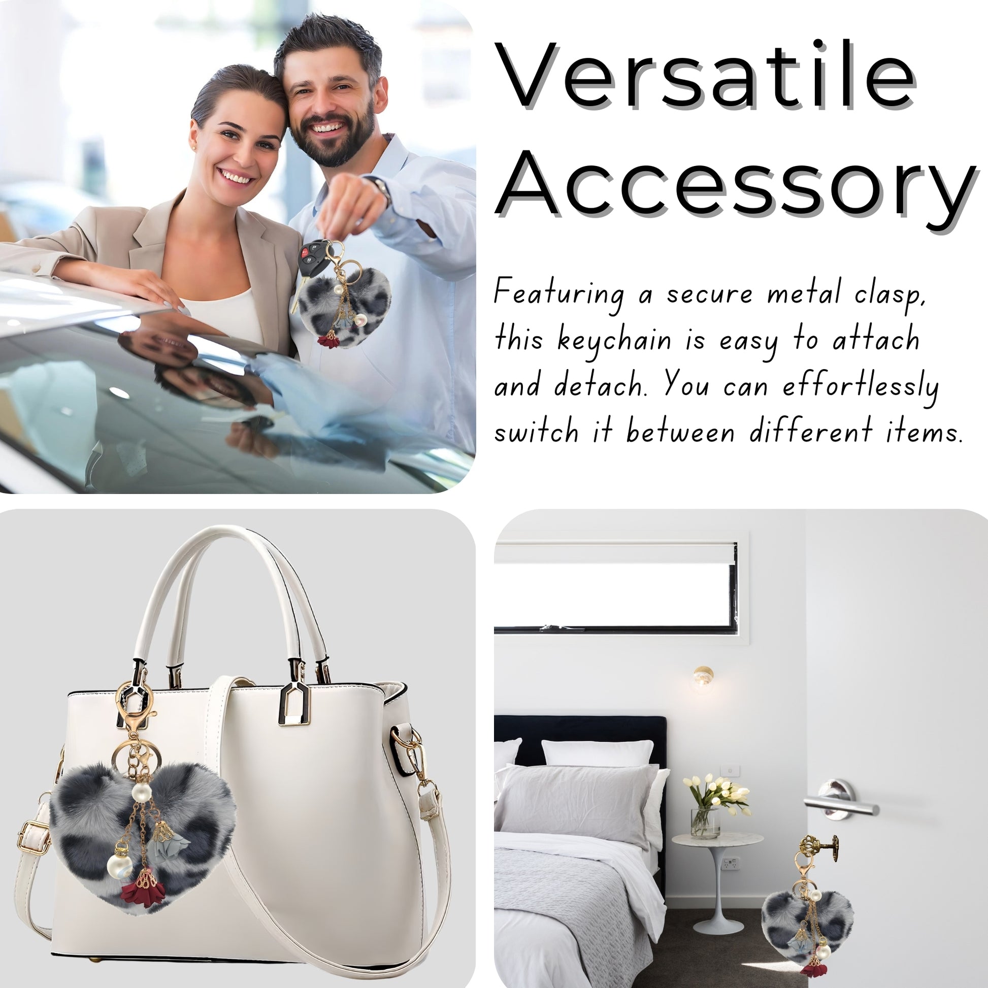 iAccessories Fluffy Faux Fur Pearl Roses Pom Pom Heart Keychain Charm for Girls Bags, Cars, Bikes, Scooty, Home Keys - Grey Lepo - iAccessories