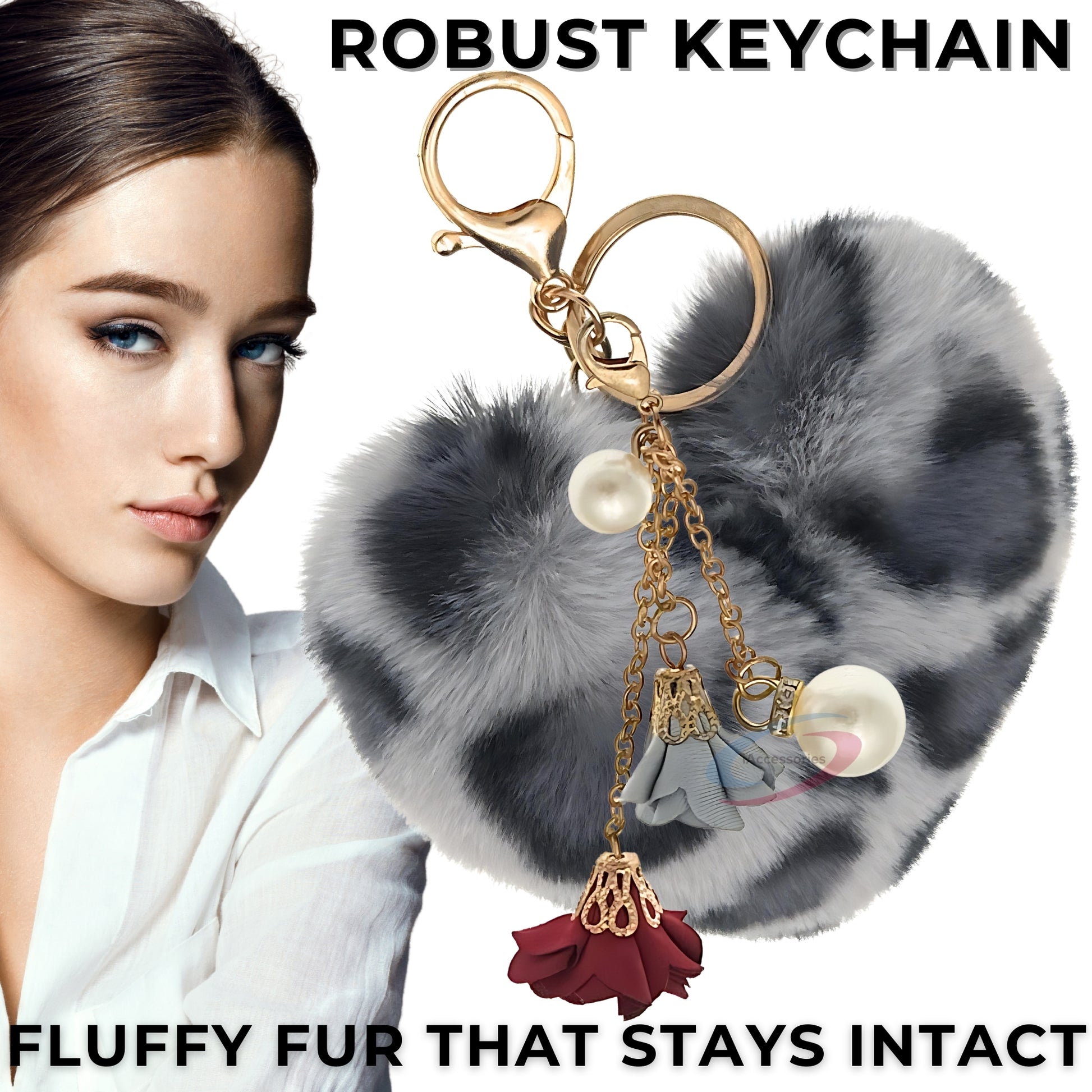 iAccessories Fluffy Faux Fur Pearl Roses Pom Pom Heart Keychain Charm for Girls Bags, Cars, Bikes, Scooty, Home Keys - Grey Lepo - iAccessories