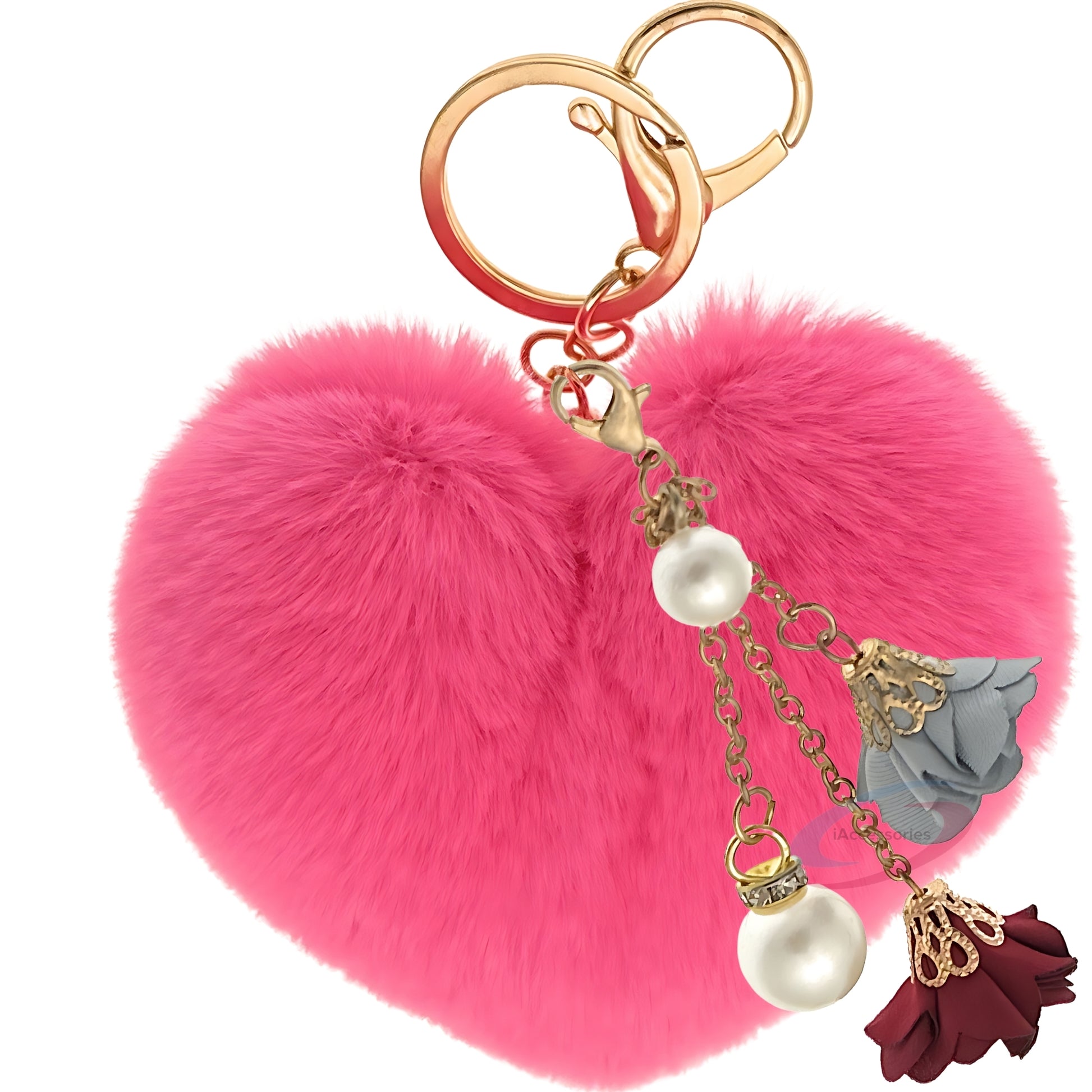 iAccessories Fluffy Faux Fur Pearl Roses Pom Pom Heart Keychain Charm for Girls Bags, Cars, Bikes, Scooty, Home Keys - Hot Pink - iAccessories