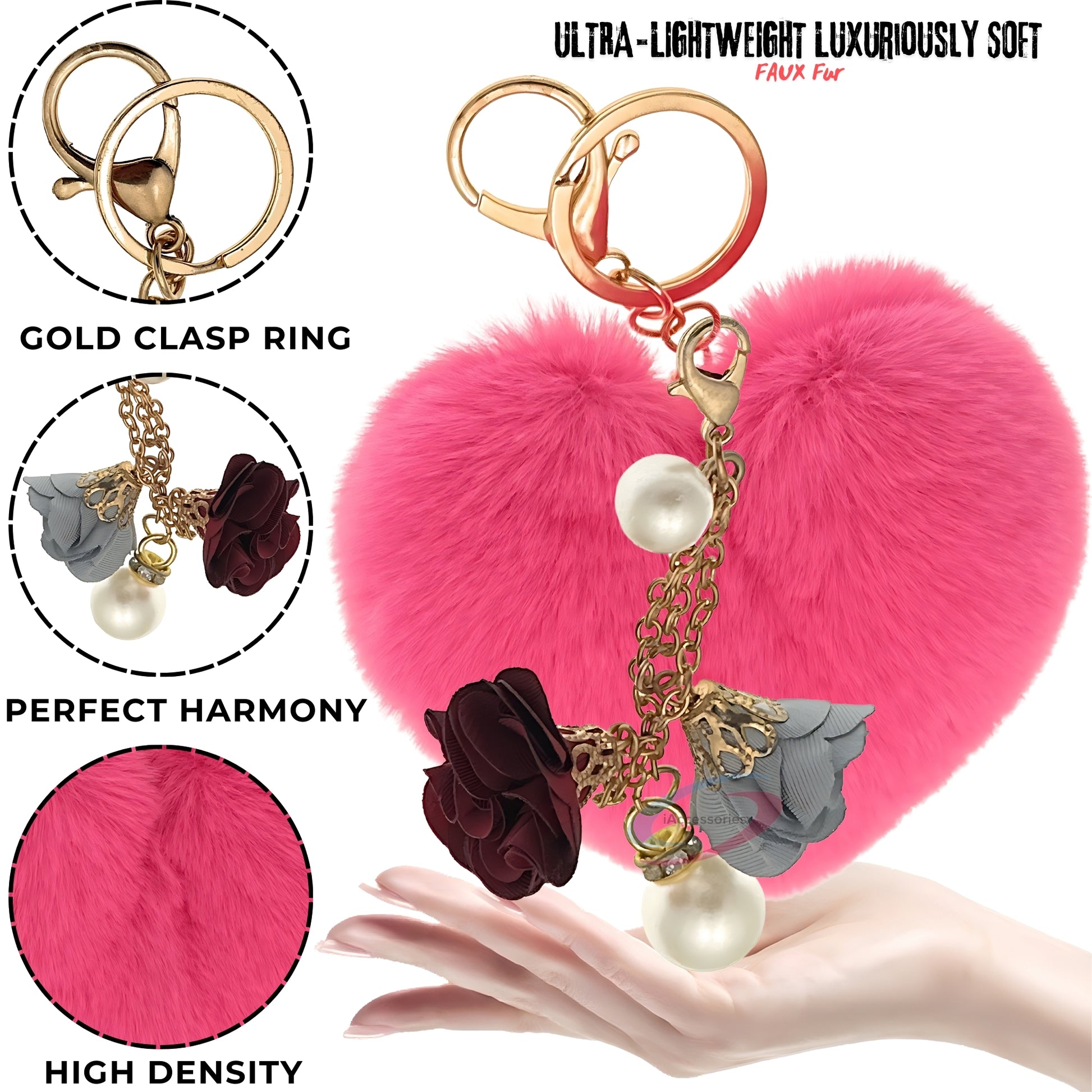 iAccessories Fluffy Faux Fur Pearl Roses Pom Pom Heart Keychain Charm for Girls Bags, Cars, Bikes, Scooty, Home Keys - Hot Pink - iAccessories