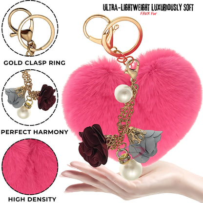 iAccessories Fluffy Faux Fur Pearl Roses Pom Pom Heart Keychain Charm for Girls Bags, Cars, Bikes, Scooty, Home Keys - Hot Pink - iAccessories