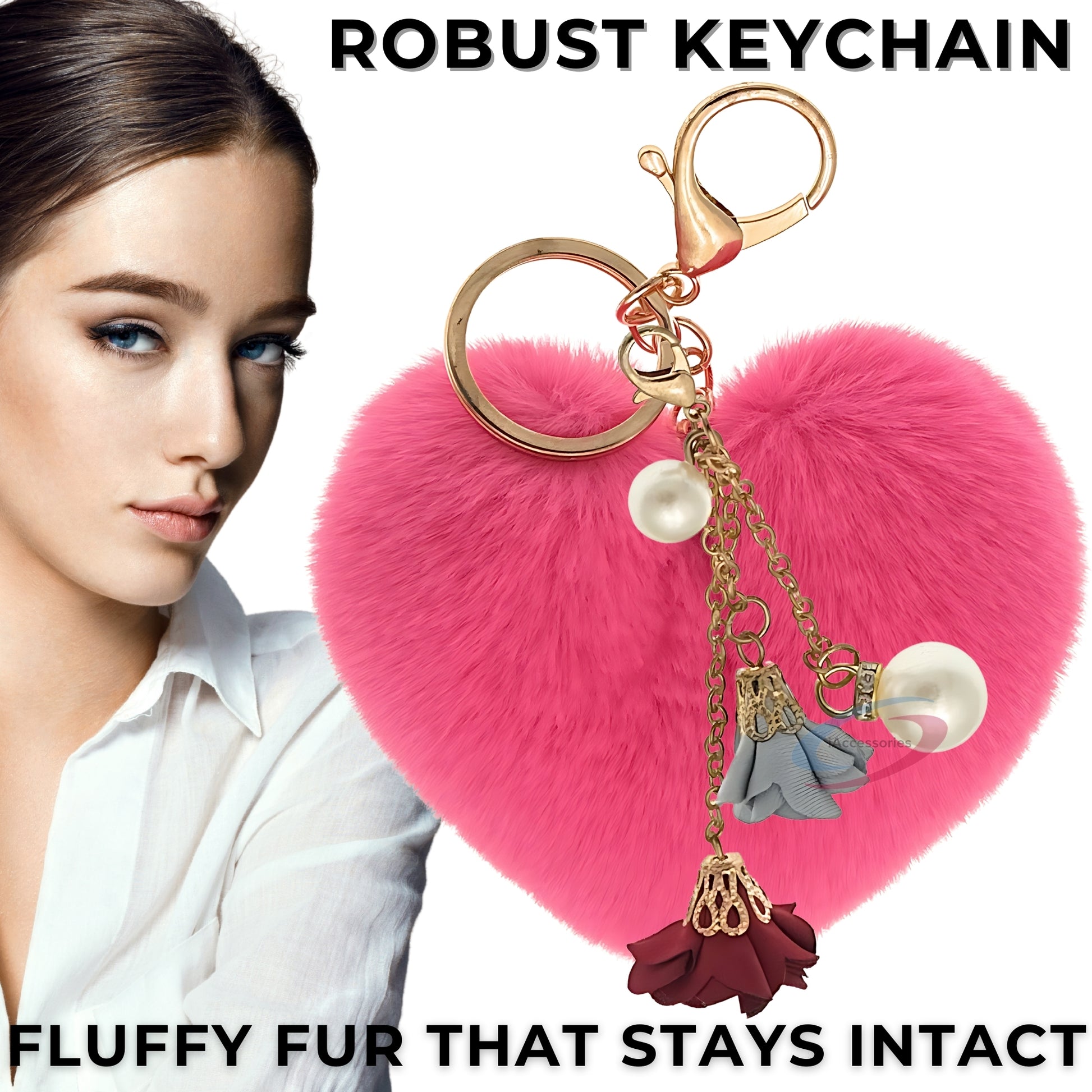 iAccessories Fluffy Faux Fur Pearl Roses Pom Pom Heart Keychain Charm for Girls Bags, Cars, Bikes, Scooty, Home Keys - Hot Pink - iAccessories