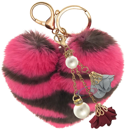 iAccessories Fluffy Faux Fur Pearl Roses Pom Pom Heart Keychain Charm for Girls Bags, Cars, Bikes, Scooty, Home Keys - Hot Pink Lepo - iAccessories