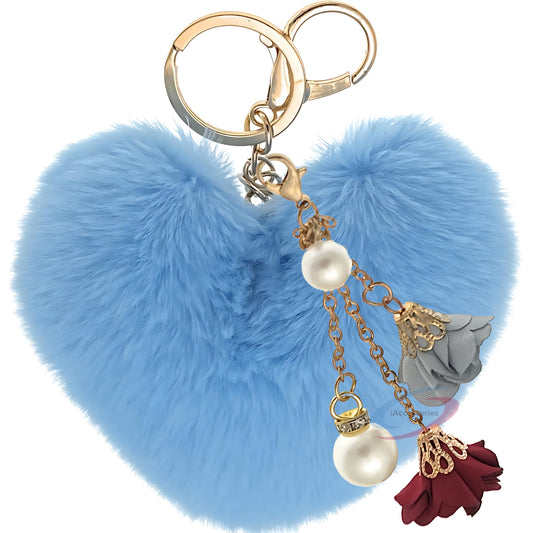iAccessories Fluffy Faux Fur Pearl Roses Pom Pom Heart Keychain Charm for Girls Bags, Cars, Bikes, Scooty, Home Keys - Light Blue - iAccessories