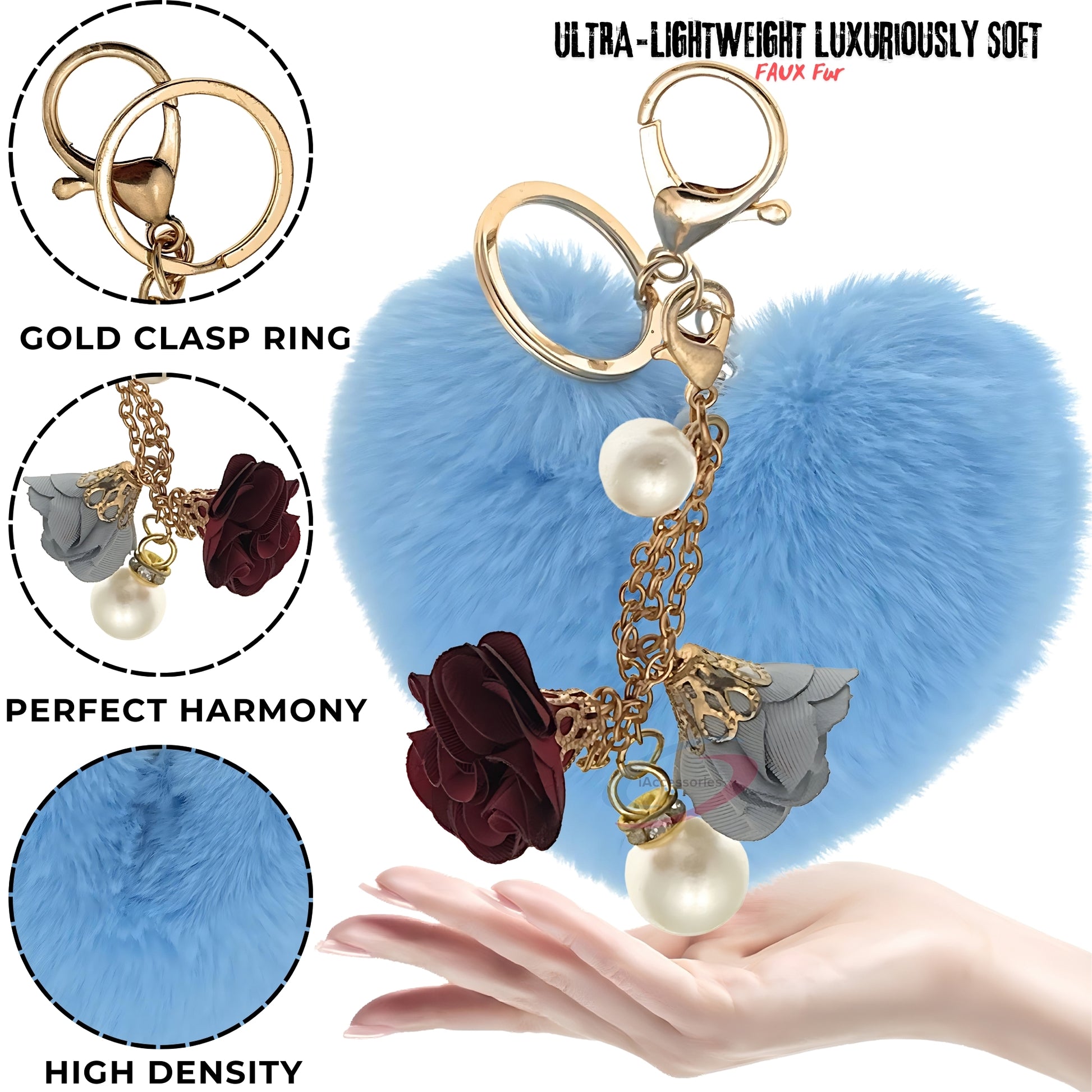 iAccessories Fluffy Faux Fur Pearl Roses Pom Pom Heart Keychain Charm for Girls Bags, Cars, Bikes, Scooty, Home Keys - Light Blue - iAccessories