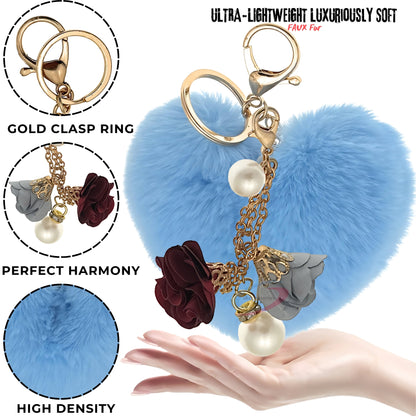 iAccessories Fluffy Faux Fur Pearl Roses Pom Pom Heart Keychain Charm for Girls Bags, Cars, Bikes, Scooty, Home Keys - Light Blue - iAccessories