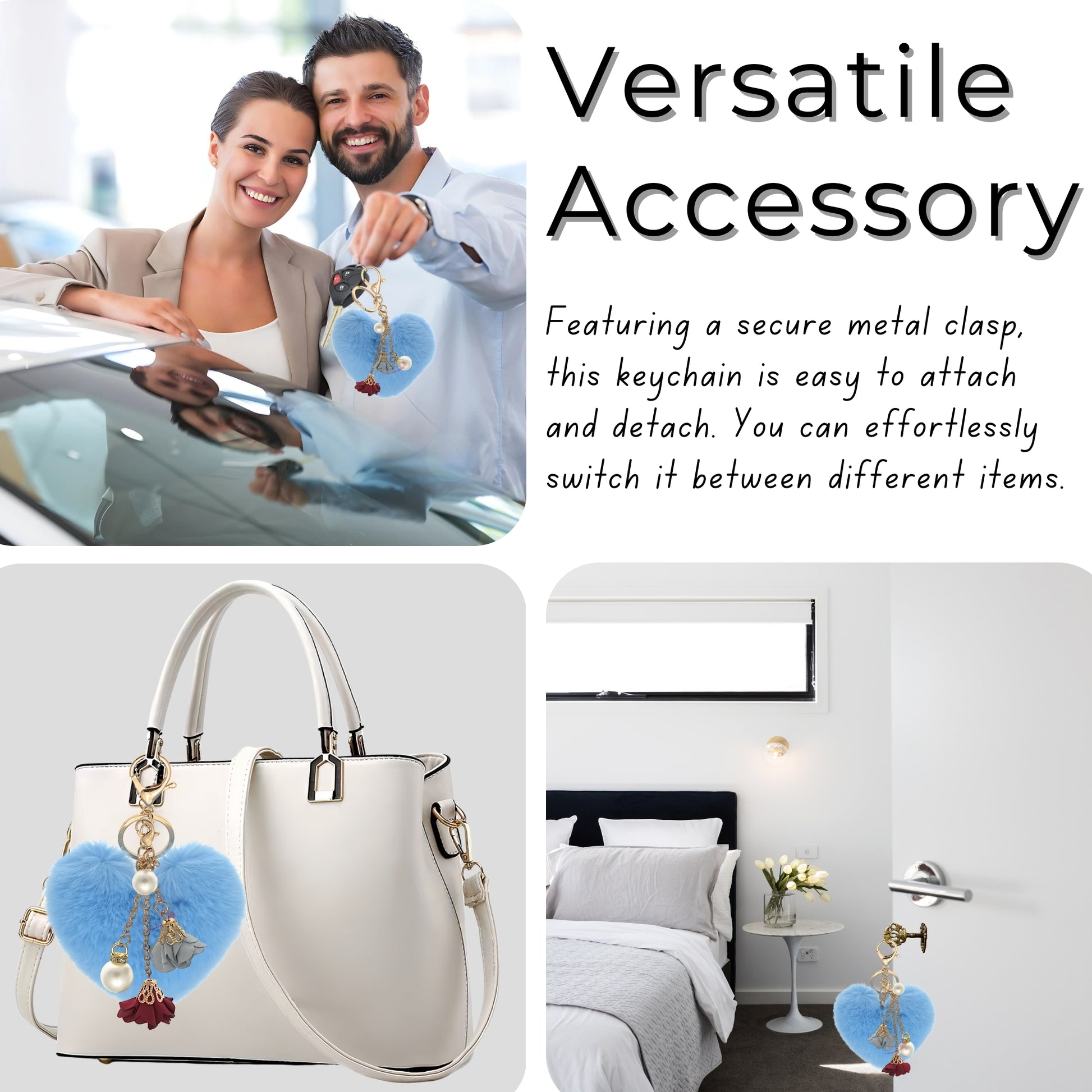 iAccessories Fluffy Faux Fur Pearl Roses Pom Pom Heart Keychain Charm for Girls Bags, Cars, Bikes, Scooty, Home Keys - Light Blue - iAccessories