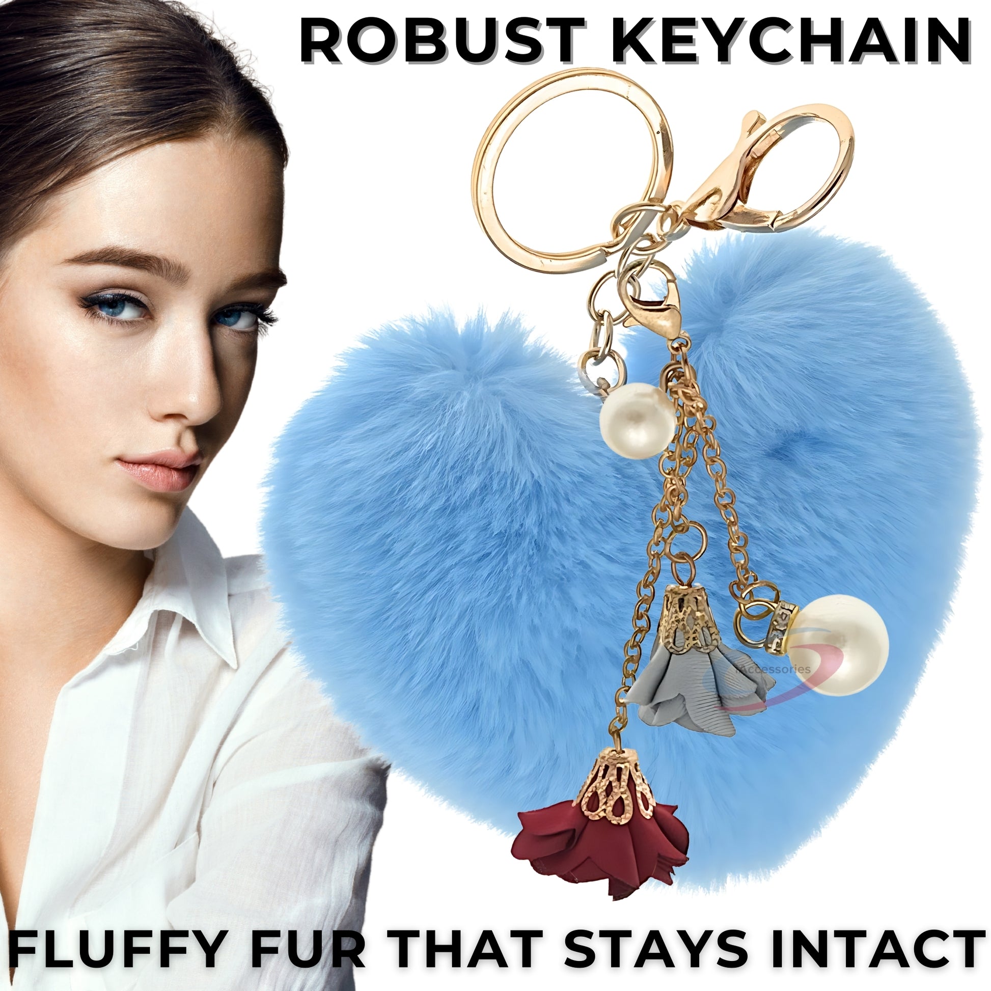 iAccessories Fluffy Faux Fur Pearl Roses Pom Pom Heart Keychain Charm for Girls Bags, Cars, Bikes, Scooty, Home Keys - Light Blue - iAccessories