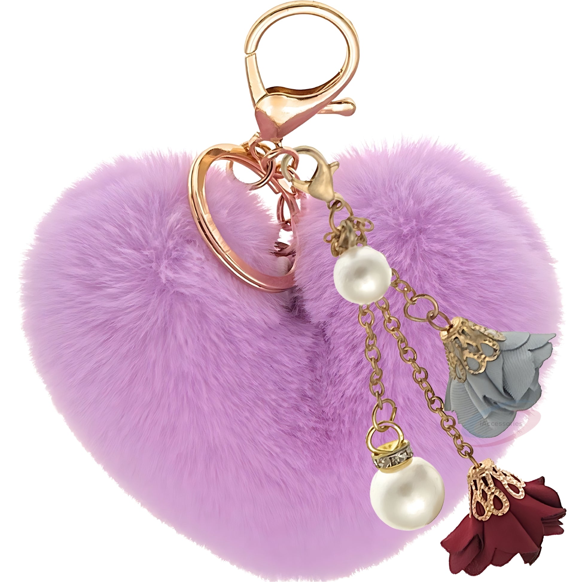 iAccessories Fluffy Faux Fur Pearl Roses Pom Pom Heart Keychain Charm for Girls Bags, Cars, Bikes, Scooty, Home Keys - Light Purple - iAccessories