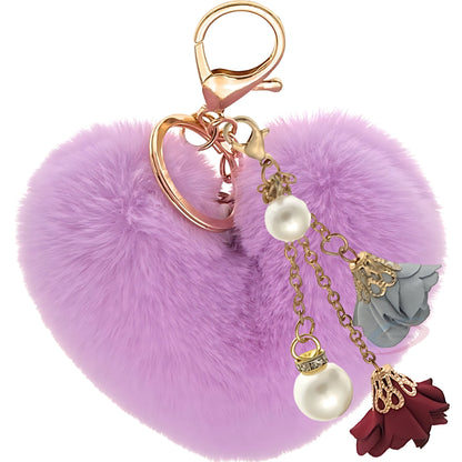 iAccessories Fluffy Faux Fur Pearl Roses Pom Pom Heart Keychain Charm for Girls Bags, Cars, Bikes, Scooty, Home Keys - Light Purple - iAccessories
